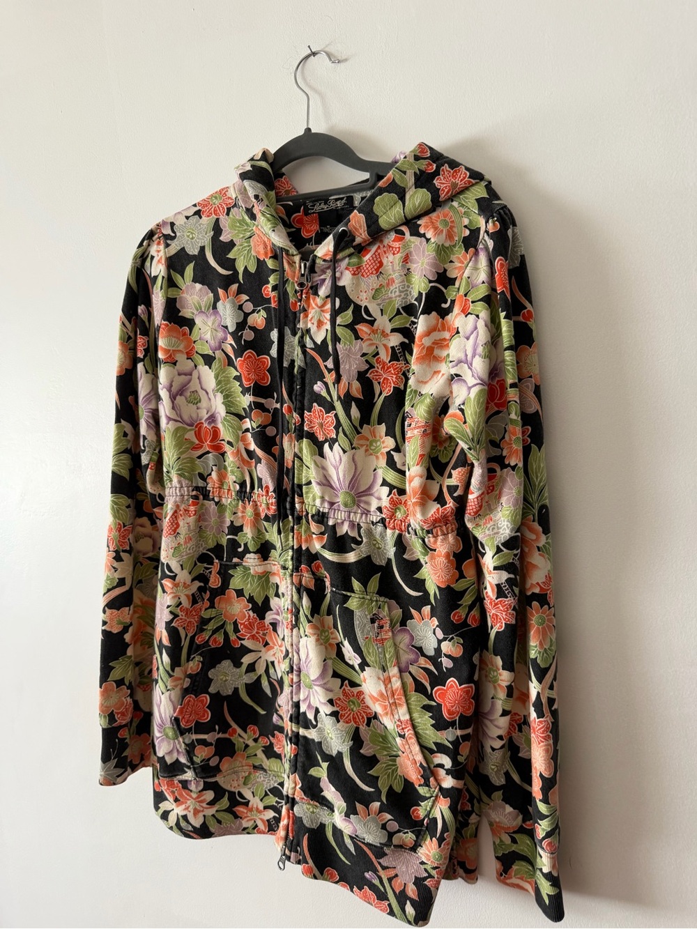 Lucky Brand Black Floral Zip Hoodie with Coral and Green Accents M - Picture 3 of 11